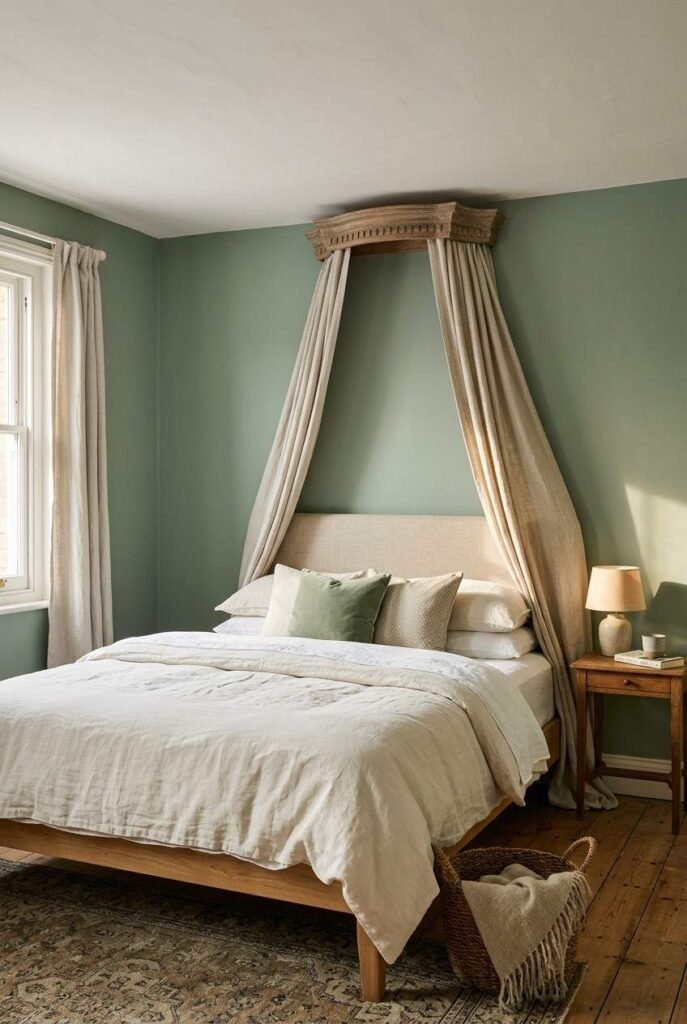 Wall-mounted half canopy with linen drapes over a headboard on a sage wall.