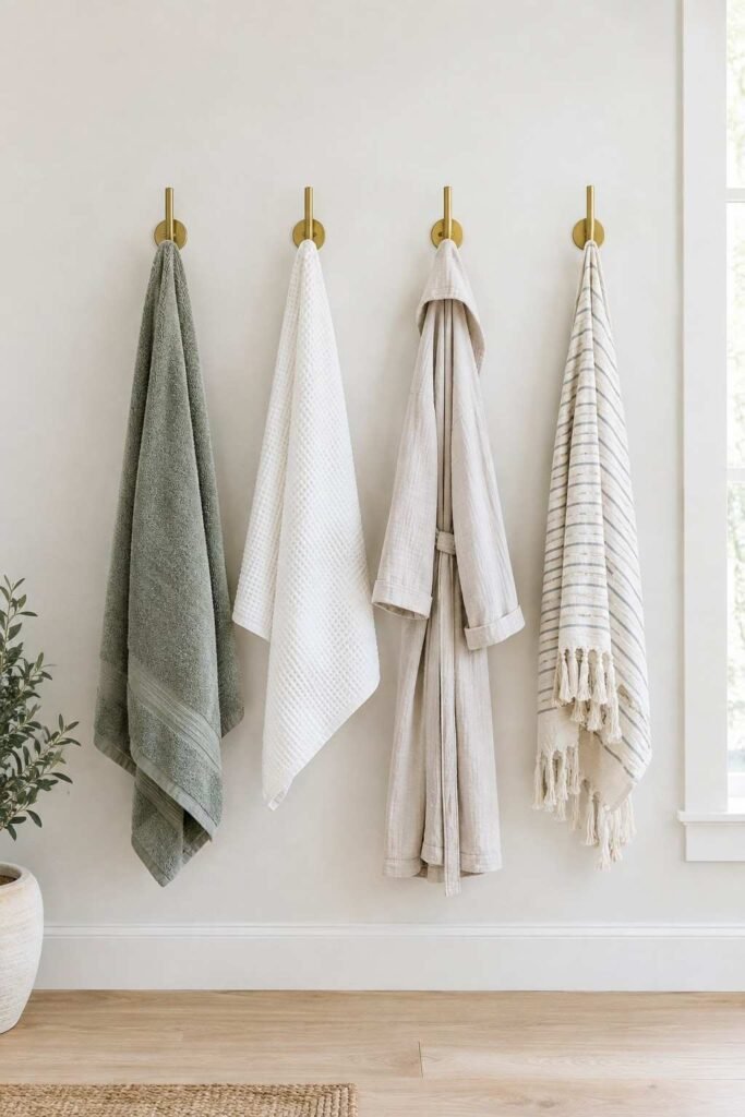 Brushed stainless wall-mounted heated towel bar with a white towel near a walk-in shower
