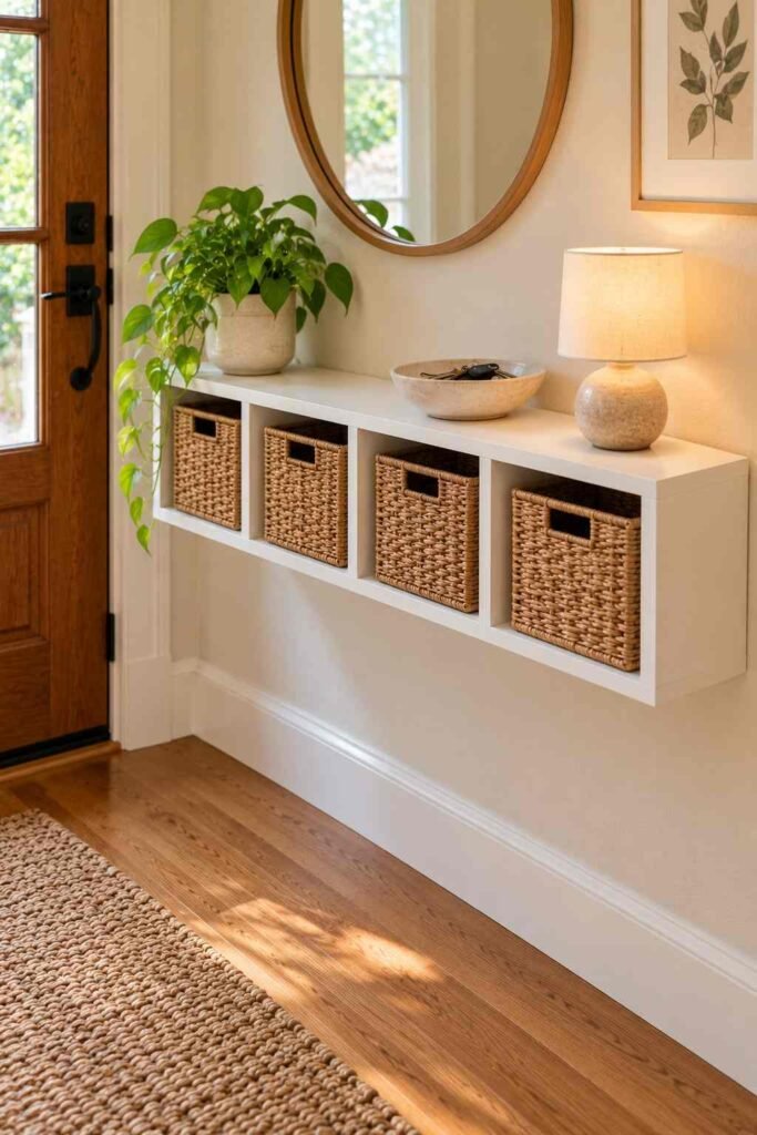 Horizontal wall-mounted Kallax shelf with key bowl and lamp, leaving the entryway floor clear.