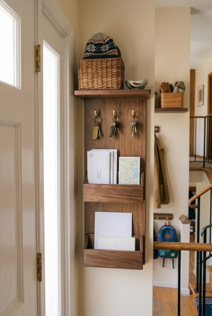 Slim wall-mounted key and mail organizer beside a front door on a small landing.