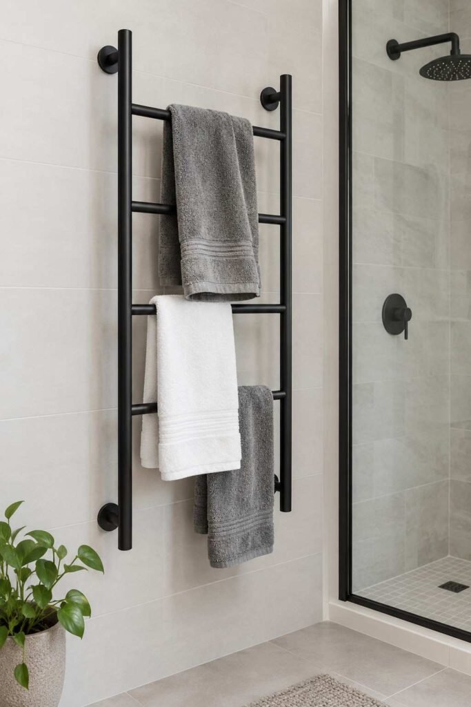 Matte black wall-mounted ladder towel rack with draped towels beside a shower