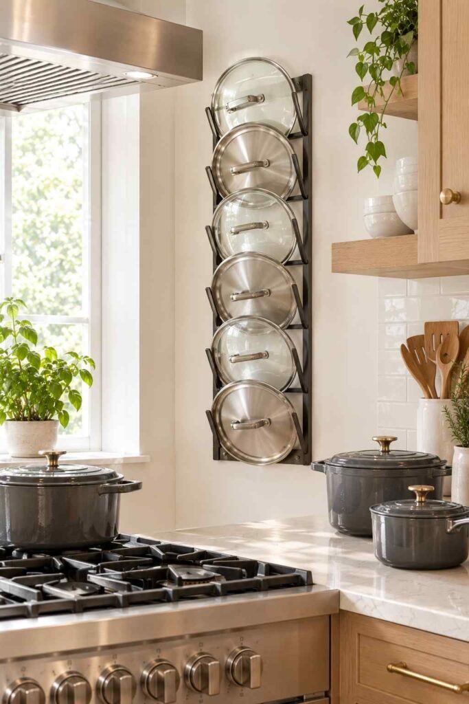 Wall-mounted rack holding pot lids upright beside a kitchen range