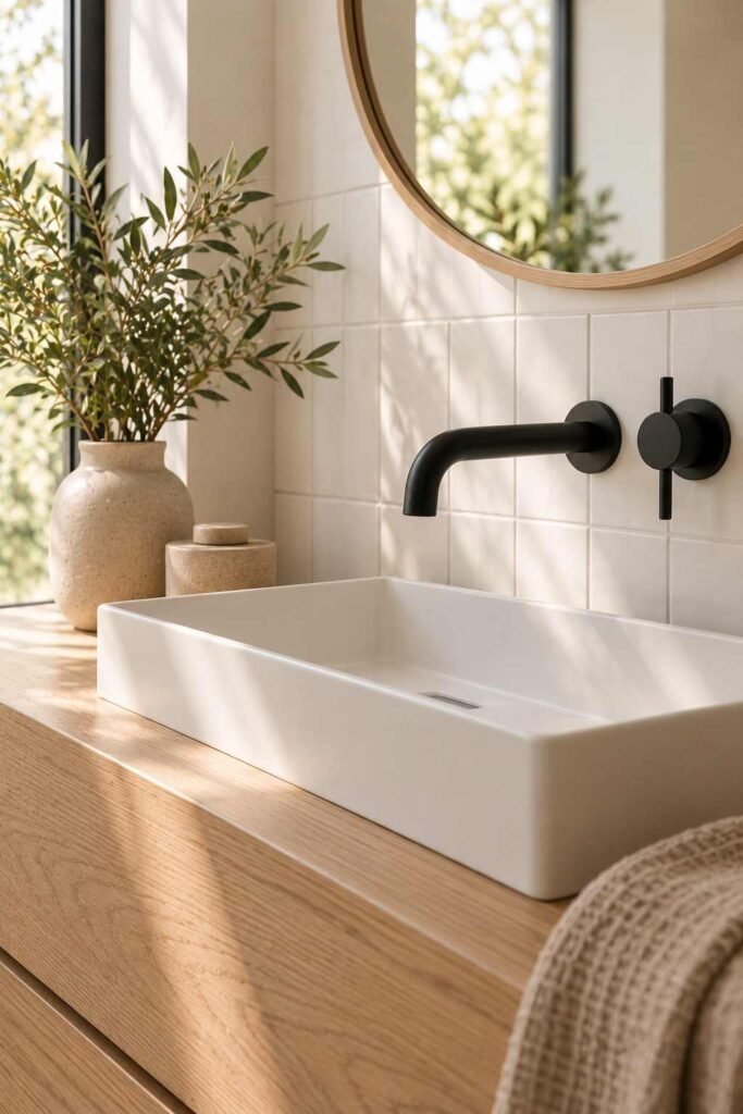 Matte black wall-mounted faucet above a slim white basin on an oak counter