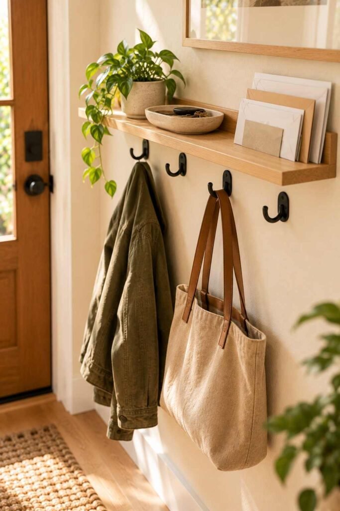 Narrow wall shelf with hooks, a tray and a plant, one of many entryway organization shortcuts for small spaces.