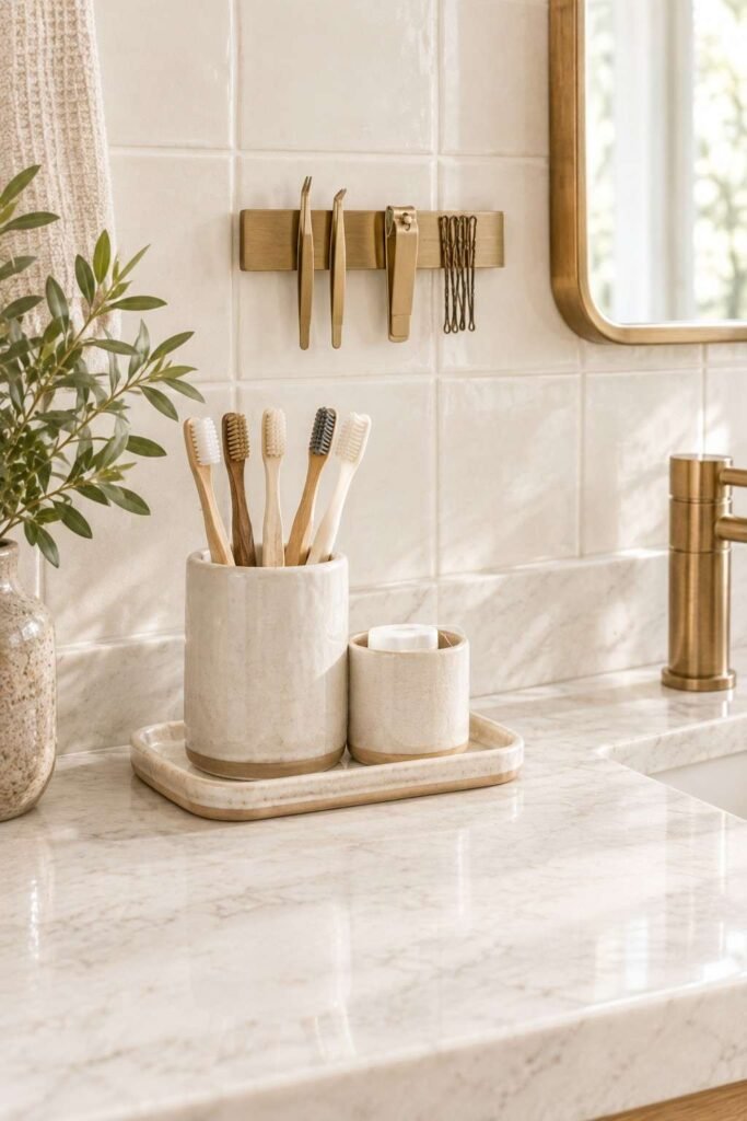 Bathroom Storage Ideas for Toiletries: 30 Smart Ways to Organize Every Space 5 Toothbrush holder and magnetic strip organizing small bathroom tools