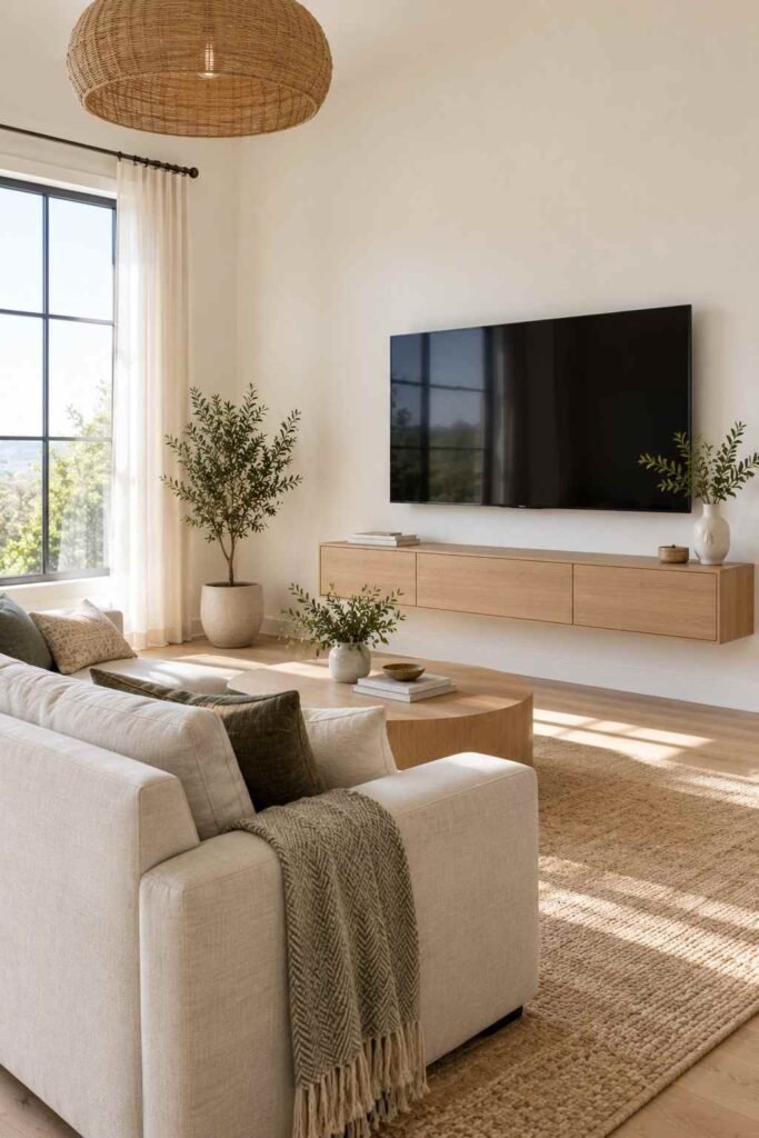 25 Stunning Home Remodeling Living Room Ideas to Refresh Your Space 18 Wall-mounted TV at eye level with a tidy media wall and no visible cables.