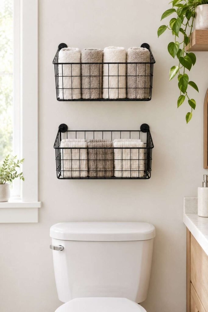 27 Bathroom Storage Ideas For Towels That Fit Into Tiny Powder Rooms to Primary Baths 6 Two black wire baskets on a bathroom wall holding hand towels and washcloths.