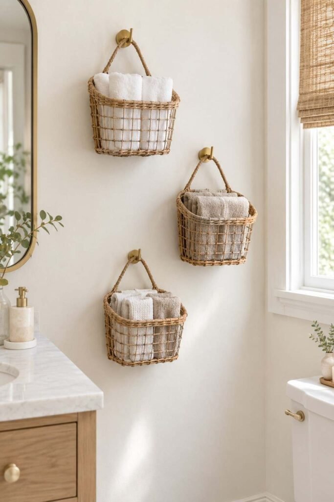 Three woven wall baskets at different heights holding folded towels in a guest bathroom