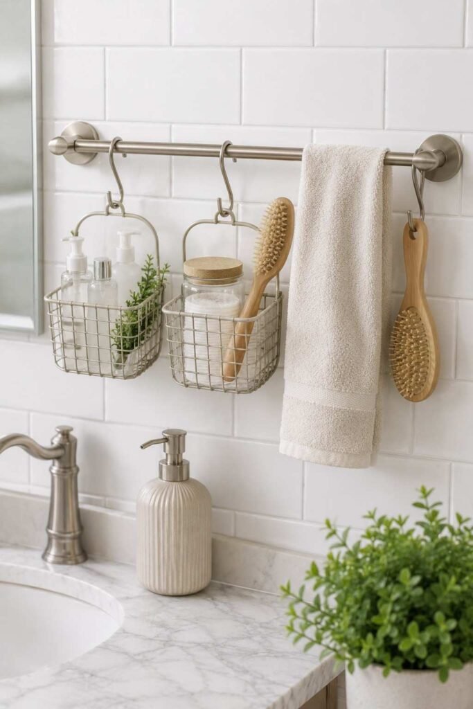 Wall rail with hooks holding a towel and baskets above a bathroom vanity