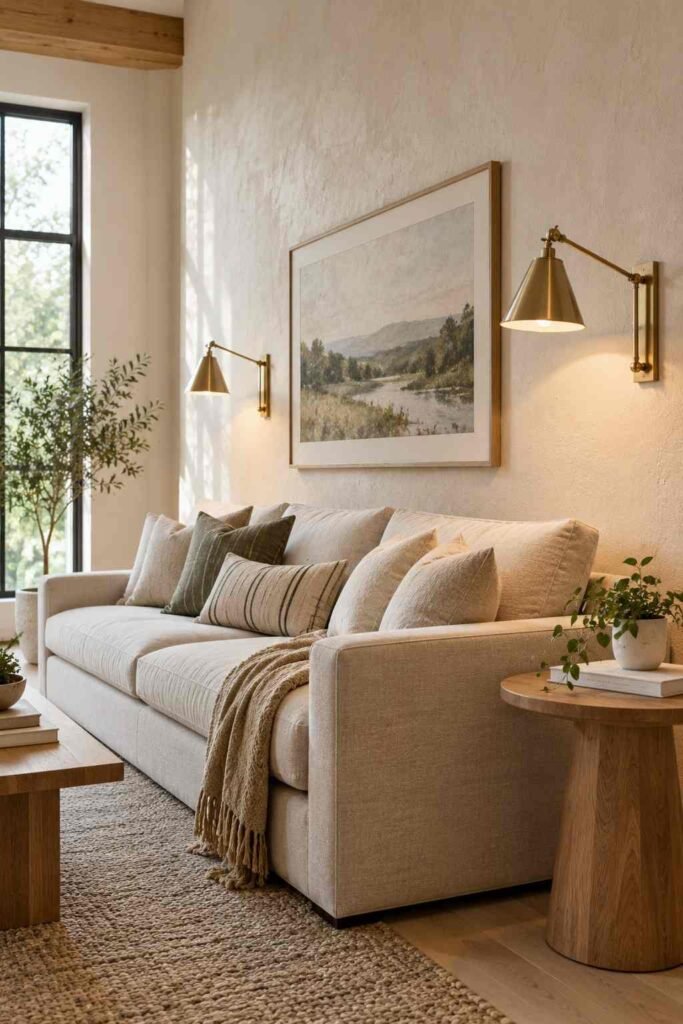 25 Stunning Home Remodeling Living Room Ideas to Refresh Your Space 16 Pair of brass wall sconces glowing on either side of a sofa in a living room.