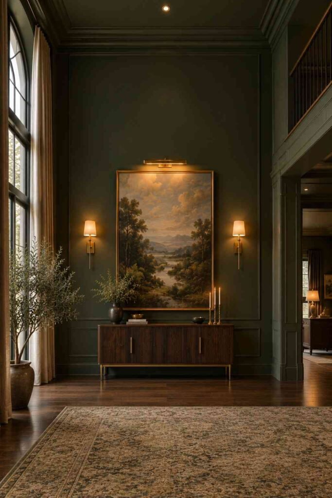 28 Dark Living Room Ideas for High Ceilings That Feel Rich, Not Gloomy (Paint, Lighting & Layout) 11 Wall sconces and picture light glowing on a dark green living room wall