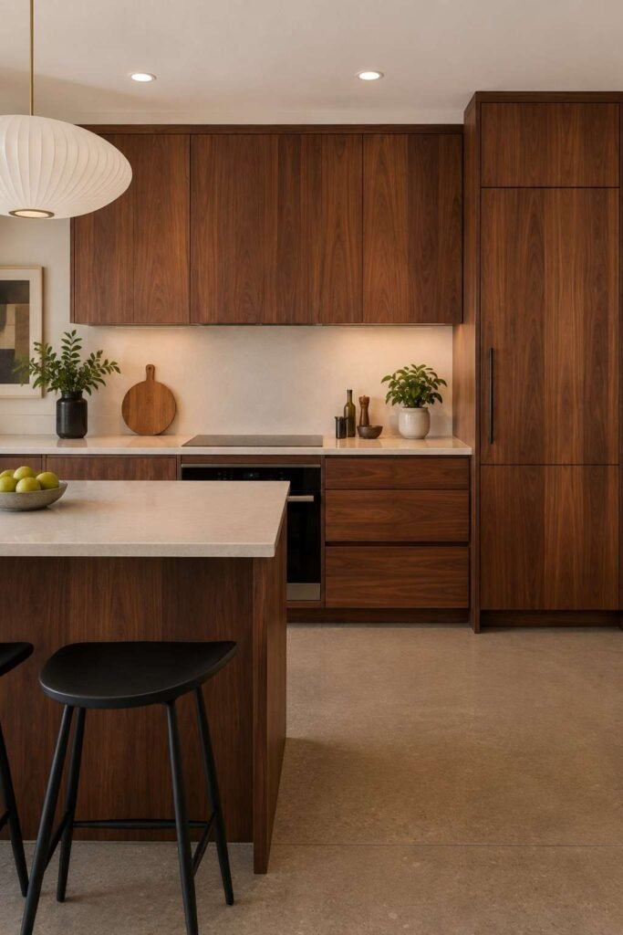 Matte walnut flat-panel kitchen cabinets in a modern kitchen with pale walls