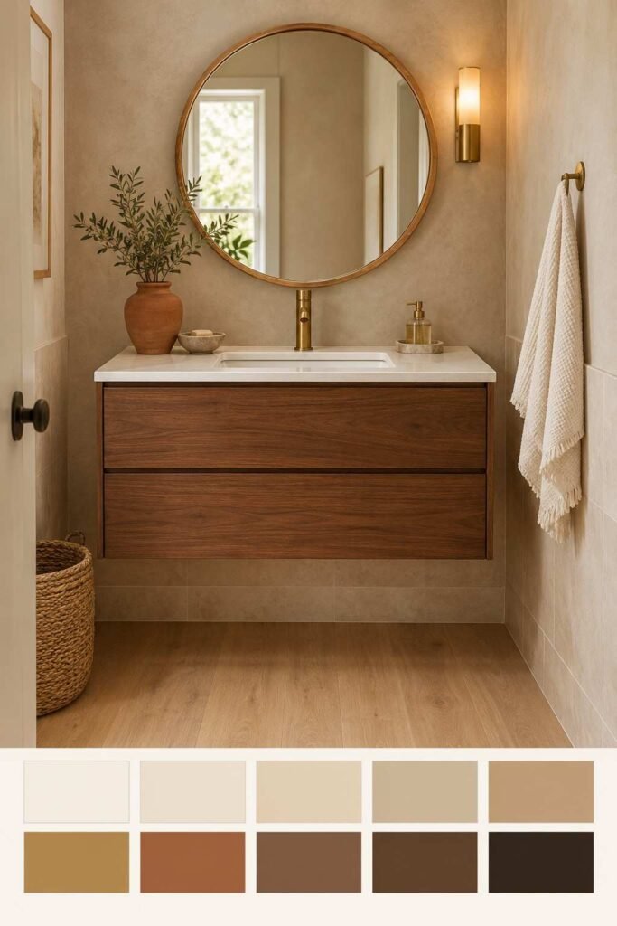 30 Bathroom Vanity Ideas: Single Sink for Small, Medium, and Large Spaces 7 Walnut floating single sink vanity with white quartz top and a warm 10-swatch color strip