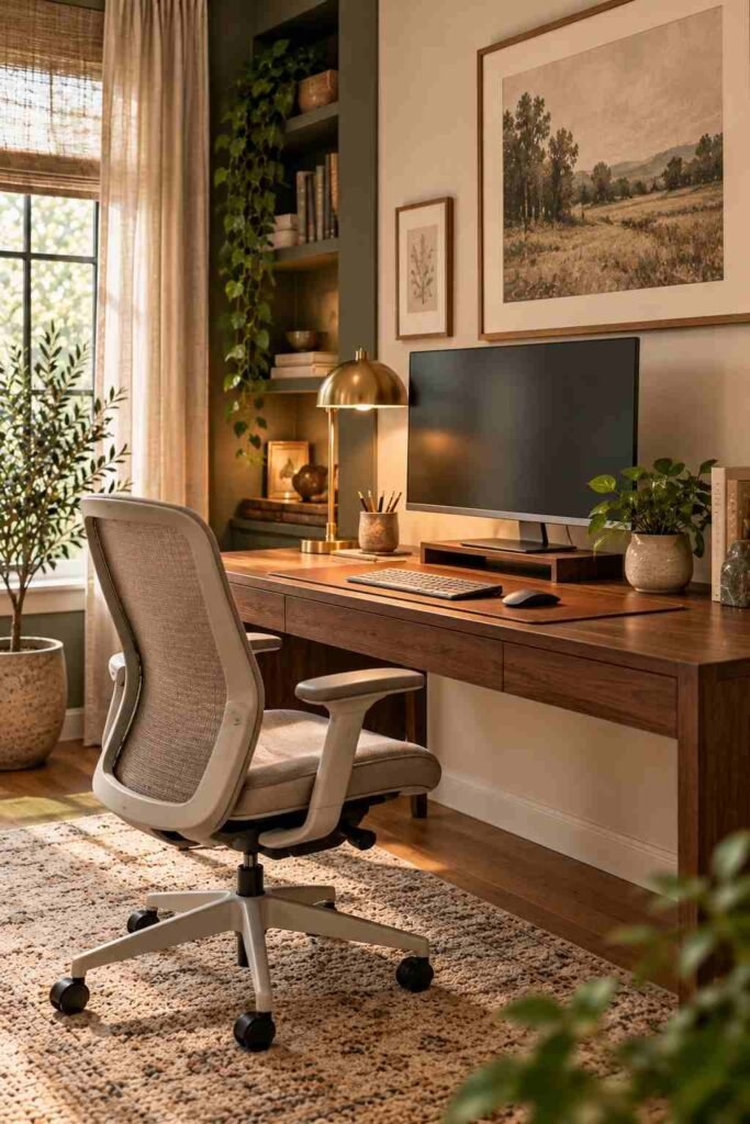 Walnut desk with ergonomic chair and monitor at eye level in a home office