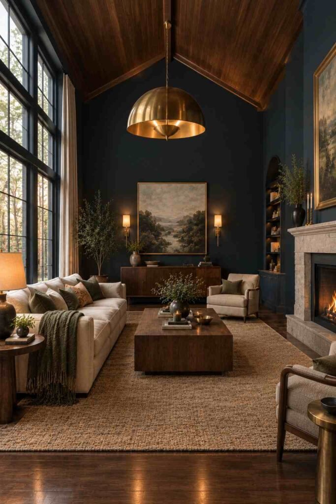 28 Dark Living Room Ideas for High Ceilings That Feel Rich, Not Gloomy (Paint, Lighting & Layout) 8 Walnut paneled ceiling above navy walls in a dark living room