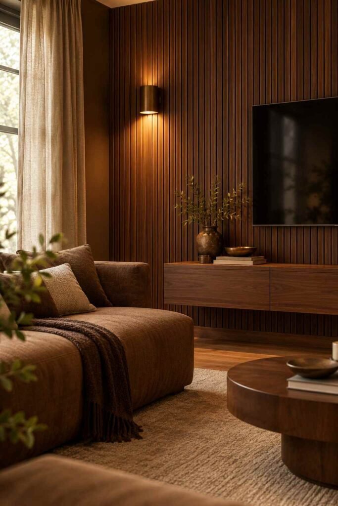 Walnut slat paneling behind a sofa in a dark brown living room.