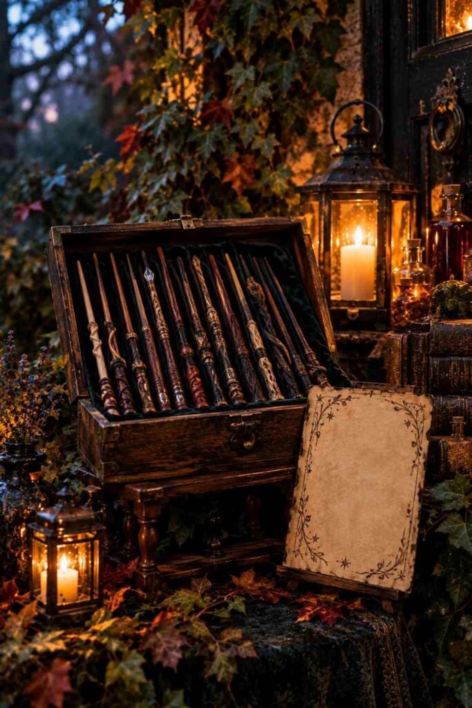 Wooden box of handmade wands displayed on a stand beside a small porch sign.