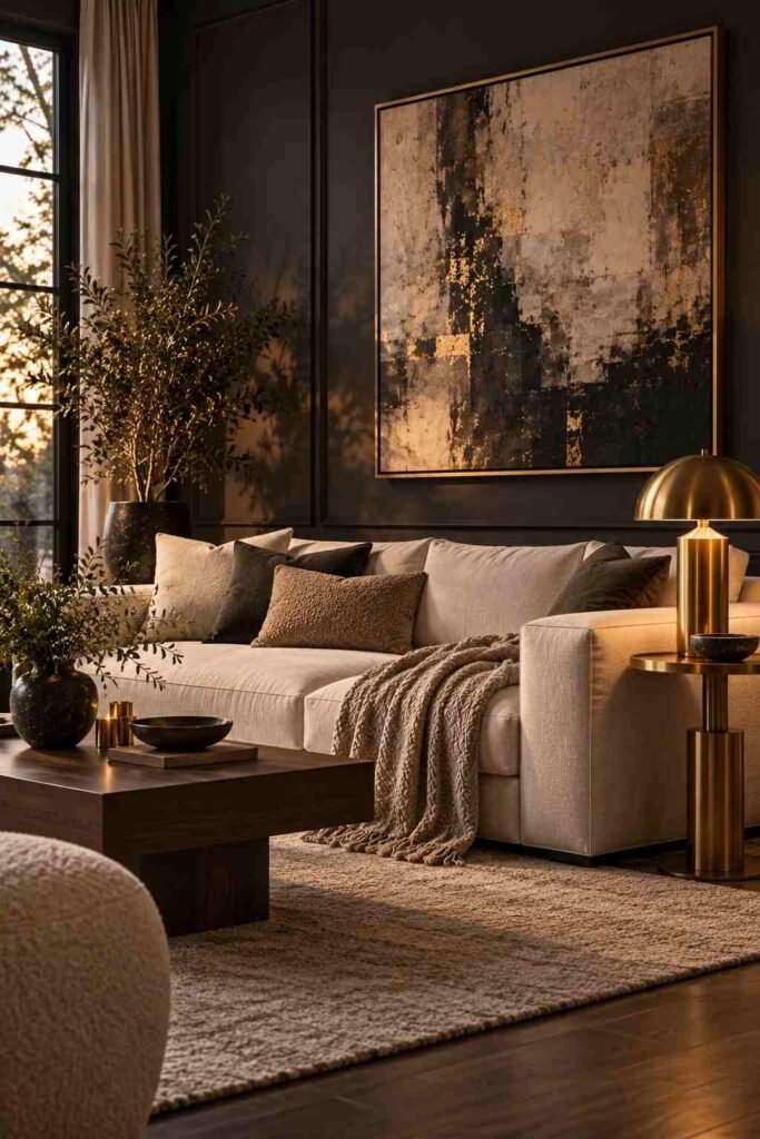 Warm charcoal living room walls with cream linen sofa and brass side table