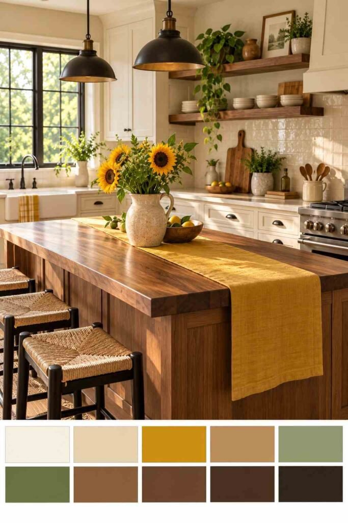 30 Sunflower Kitchen Decor Ideas Modern: From Wall Art to Backsplash Tile 13 Warm cream and walnut kitchen with sunflowers and a swatch strip of mustard, cream, brown, and green.
