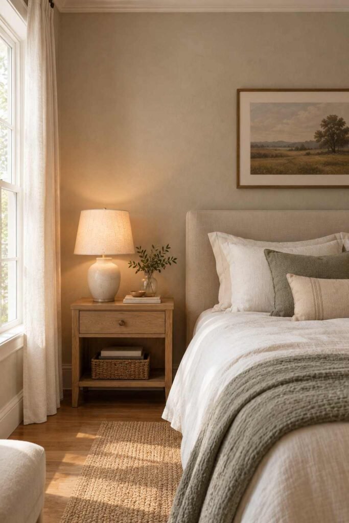 Warm greige bedroom wall with white trim and linen bedding.