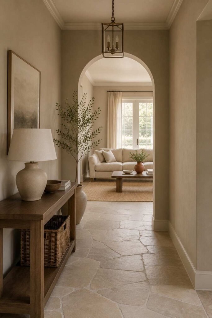 Warm greige hallway opening into a living room in the same neutral shade