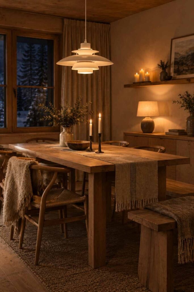 27 Scandinavian Mountain Interior Design Ideas: Ways to Create a Warm Nordic Cabin 19 Layered pendant lamp and candles lighting a Nordic dining table in the evening