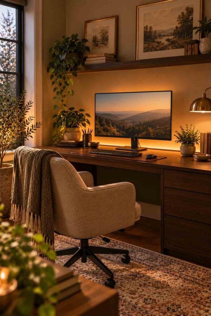 Warm LED strip glowing behind a monitor on a home office desk