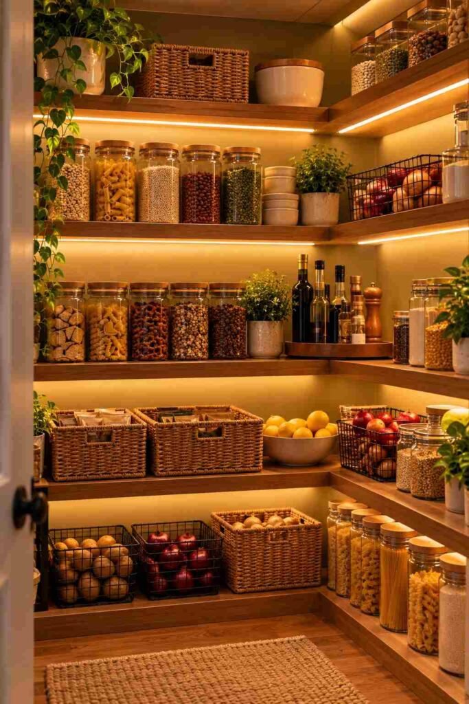 Open Shelving Pantry Kitchen Ideas: 30 Layouts, Storage Tricks and Styling Tips 16 Warm LED strip lighting glowing under open pantry shelves.
