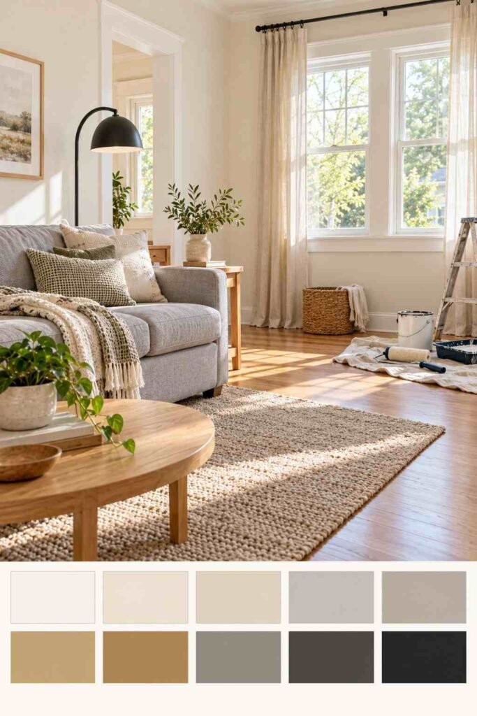 Warm neutral living room painted in warm white with a swatch strip of whites, greys, wood and charcoal.