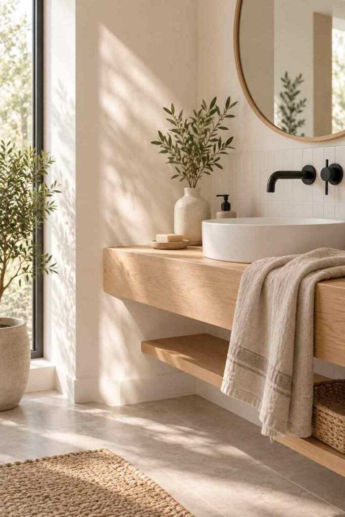 Matte warm white bathroom walls with a simple basin and oak shelf in soft daylight