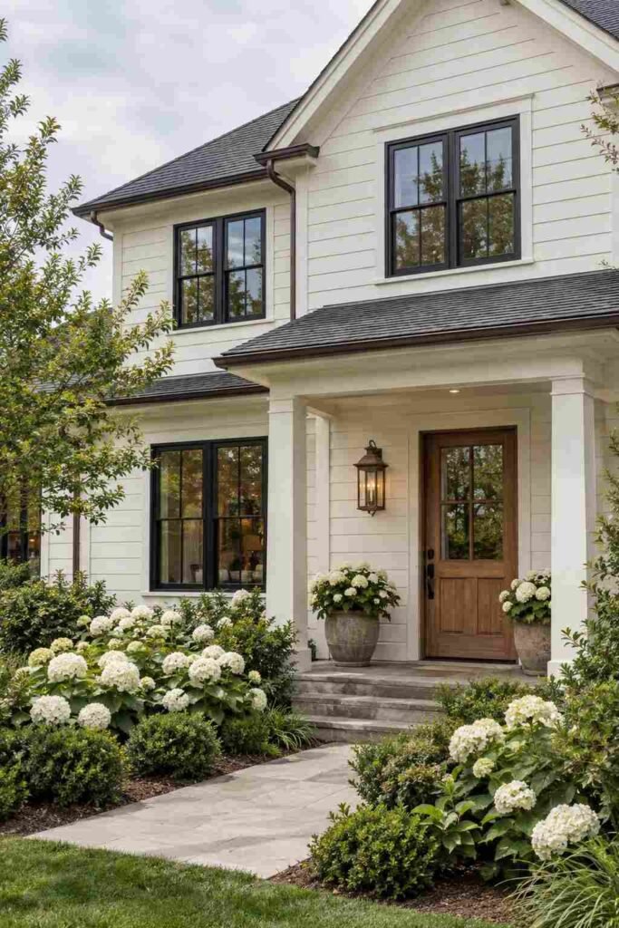 Warm white two-story house with black windows, bronze lantern, and wood front door