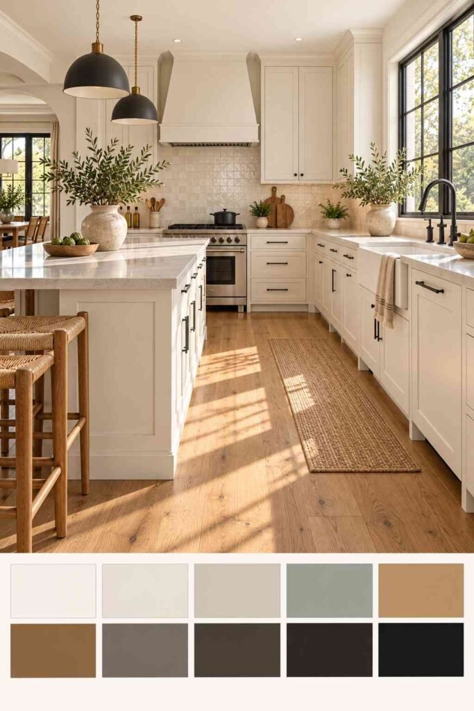 Warm white kitchen cabinets with honey oak floors and black hardware, with a ten-color swatch strip along the bottom
