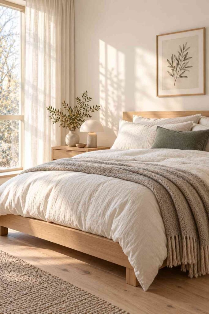Scandinavian bedroom with warm white walls and simple white linen bedding