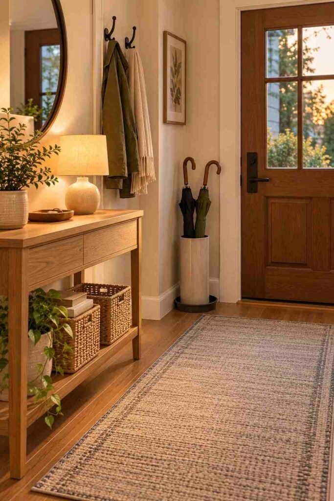 Washable rug, warm lamp and umbrella stand with drip tray finishing an entryway drop zone