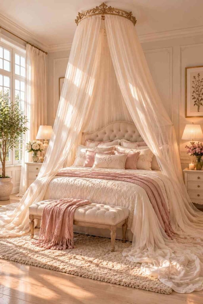 Waterfall canopy with ivory fabric pooling on the bedroom floor