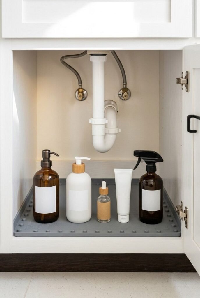 26 Bathroom Storage Ideas Under Sink for a Tidier, Roomier Vanity 7 Grey waterproof mat lining the floor of a sink cabinet