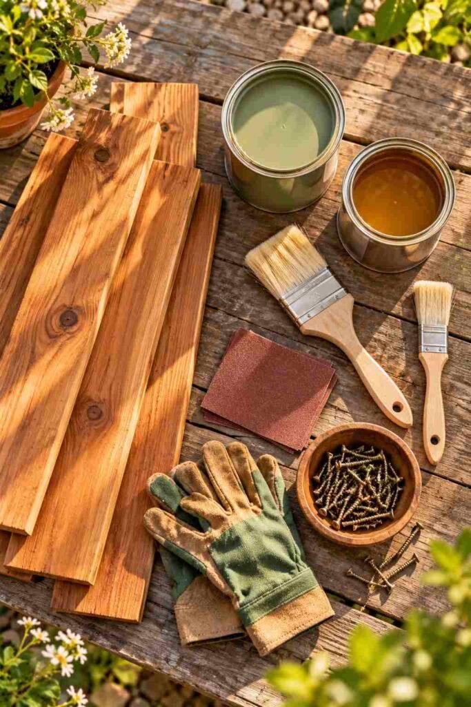 28 Budget-Friendly Outdoor Decorations DIY Garden Projects for Every Season 3 Flat lay of cedar boards, exterior paint, sealant, and gloves for weatherproof DIY garden decorations