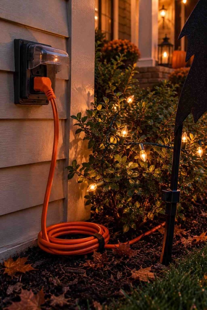 Sealed outdoor extension cord cover with LED lights and a staked prop for safe outdoor decorations Halloween