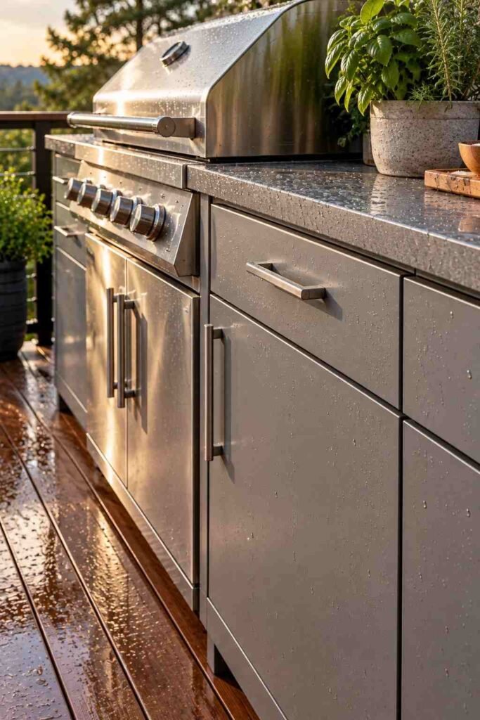 30 Outdoor Kitchen Ideas on Deck: Smart Layouts, Materials for Small, Mid-Size, and Large Spaces 10 Stainless steel and polymer weatherproof cabinets with a thin porcelain countertop on a deck.
