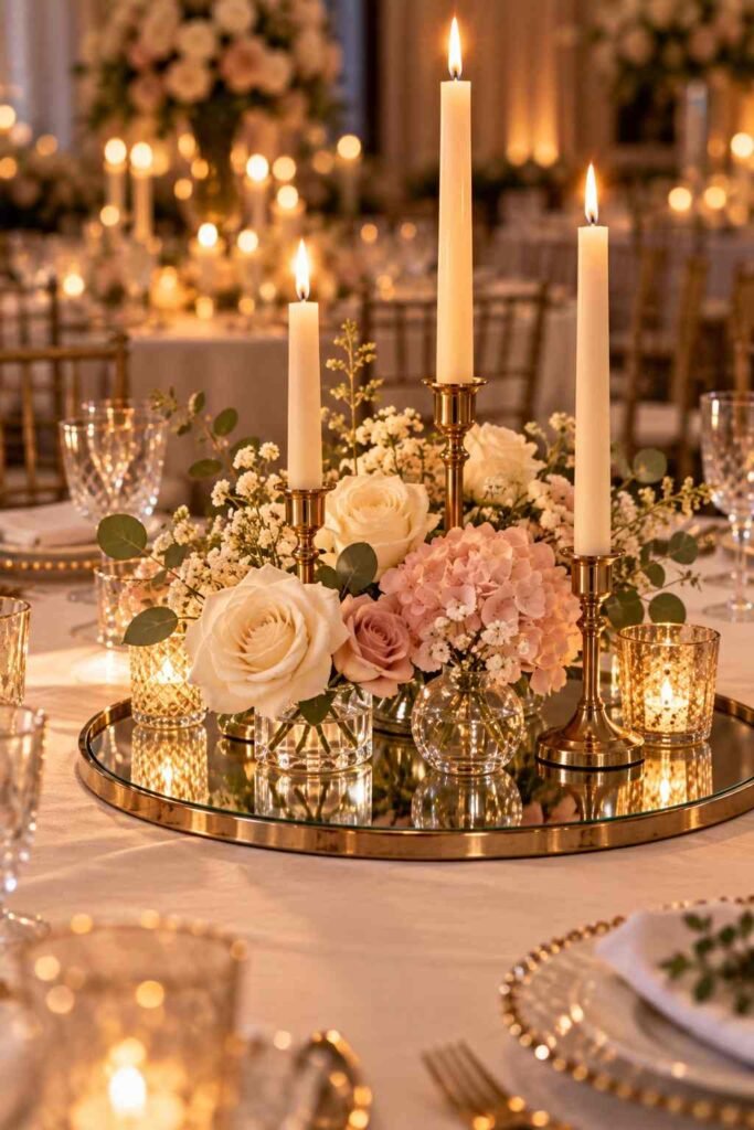 Wedding table centerpiece with taper candles and low flowers on a round mirror.