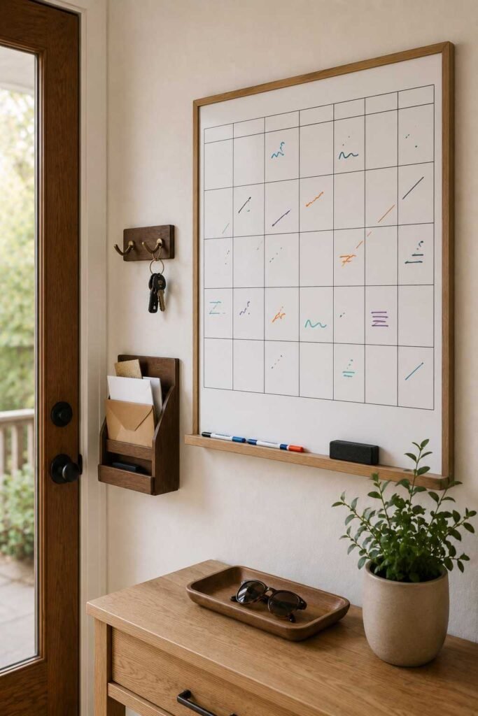 30 Smart Entryway Organization Wall Ideas: for Hooks, Shelves & Storage 16 Weekly dry-erase calendar board mounted beside the front door with a key hook and mail sorter