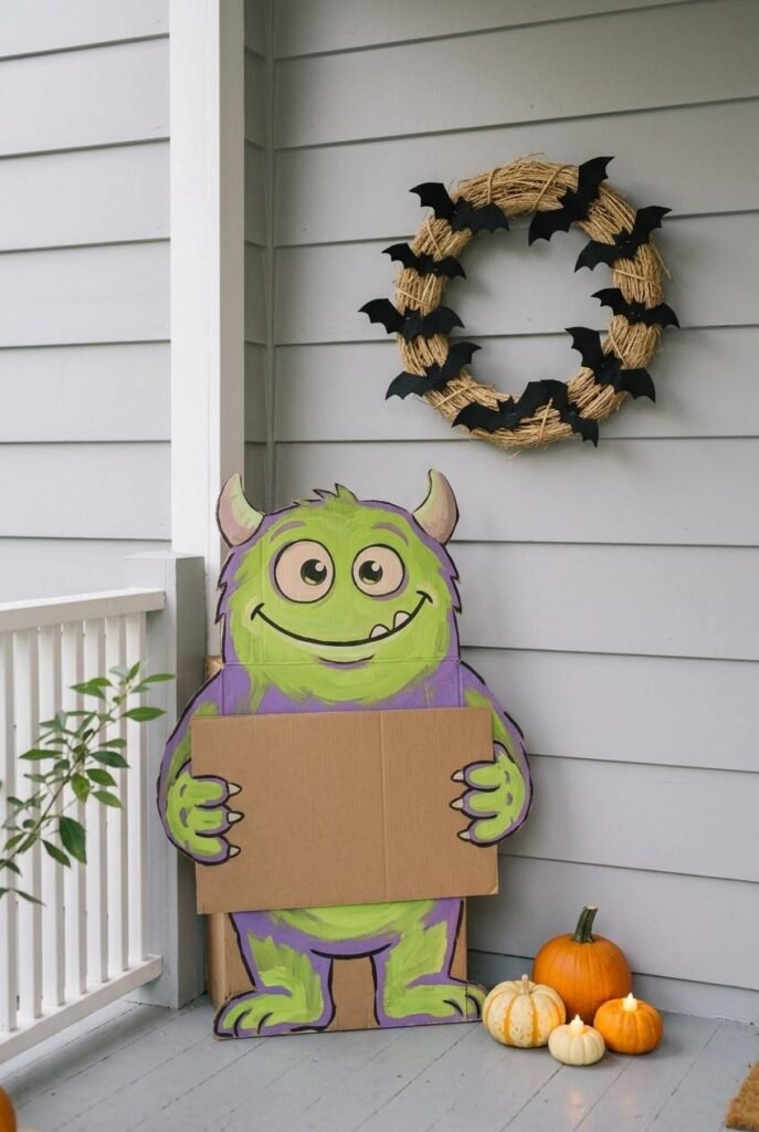 Painted cardboard monster and felt bat wreath on a porch ready for a kids’ Halloween party.