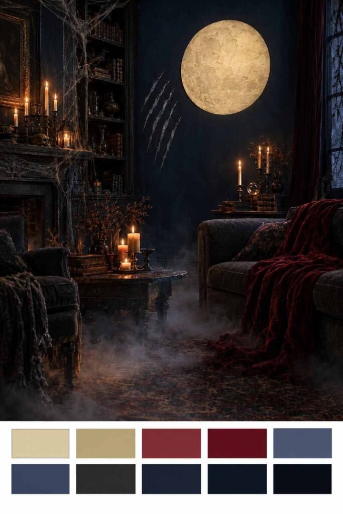 28 Spooky Halloween Theme Ideas to Make October 31 Unforgettable 13 Werewolf moon night Halloween room in midnight blue, blood red and pale yellow with a color swatch strip below.