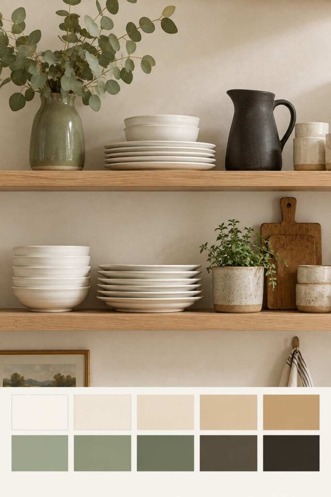 White dishware and sage vase on a blonde wood shelf, with a ten-color palette strip below