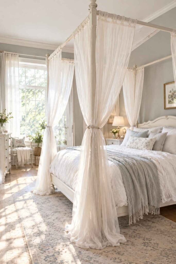 30 Canopy Bed Ideas for Princess Bedroom: Dreamy, Safe & Budget-Friendly 4 White four-poster canopy bed with sheer voile drapes in a bright girl's bedroom