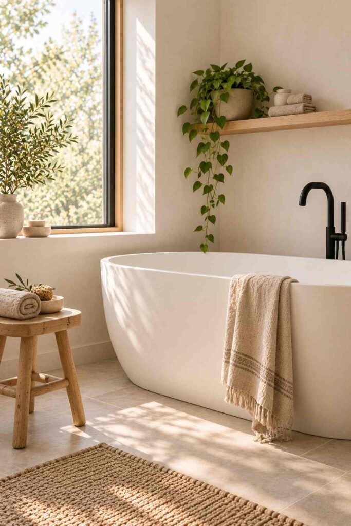 White freestanding tub in a bright corner with an oak stool and linen towel