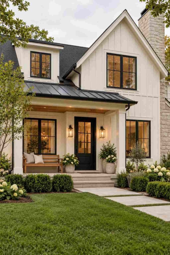 White modern farmhouse exterior with black windows and a black front door