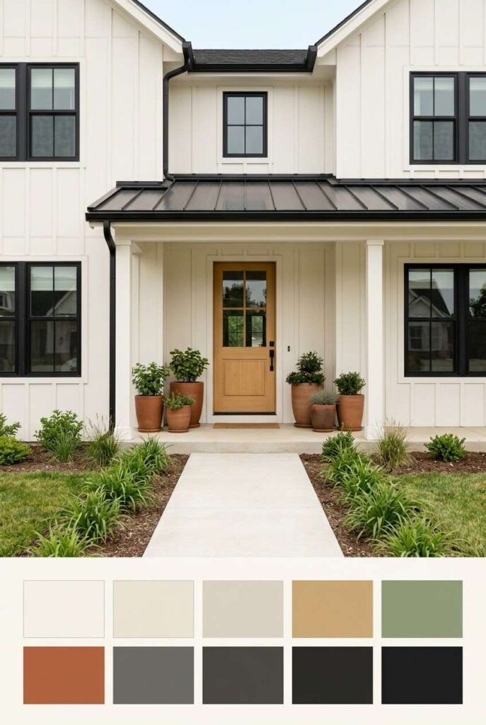 White farmhouse with black trim and a wood door, shown with a ten-color palette strip below the photo
