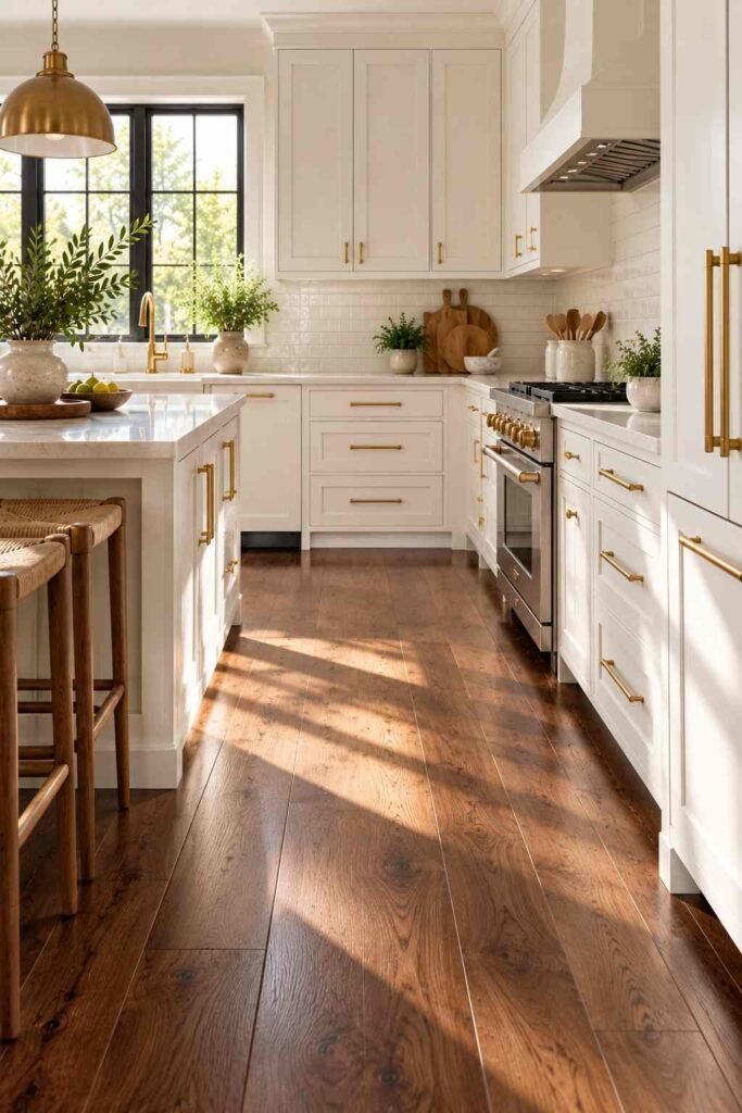 Pure white kitchen cabinets with dark walnut floors and brass hardware