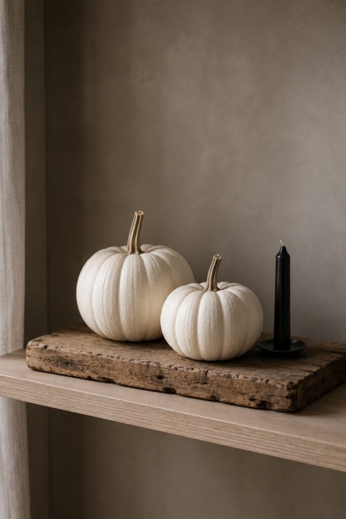 28 Modern Halloween Shelf Styling Ideas That Look Stylish, Not Scary: A Chic, Spooky Home 5 Real white Lumina pumpkins on a wooden board as a ghostly Halloween shelf accent.